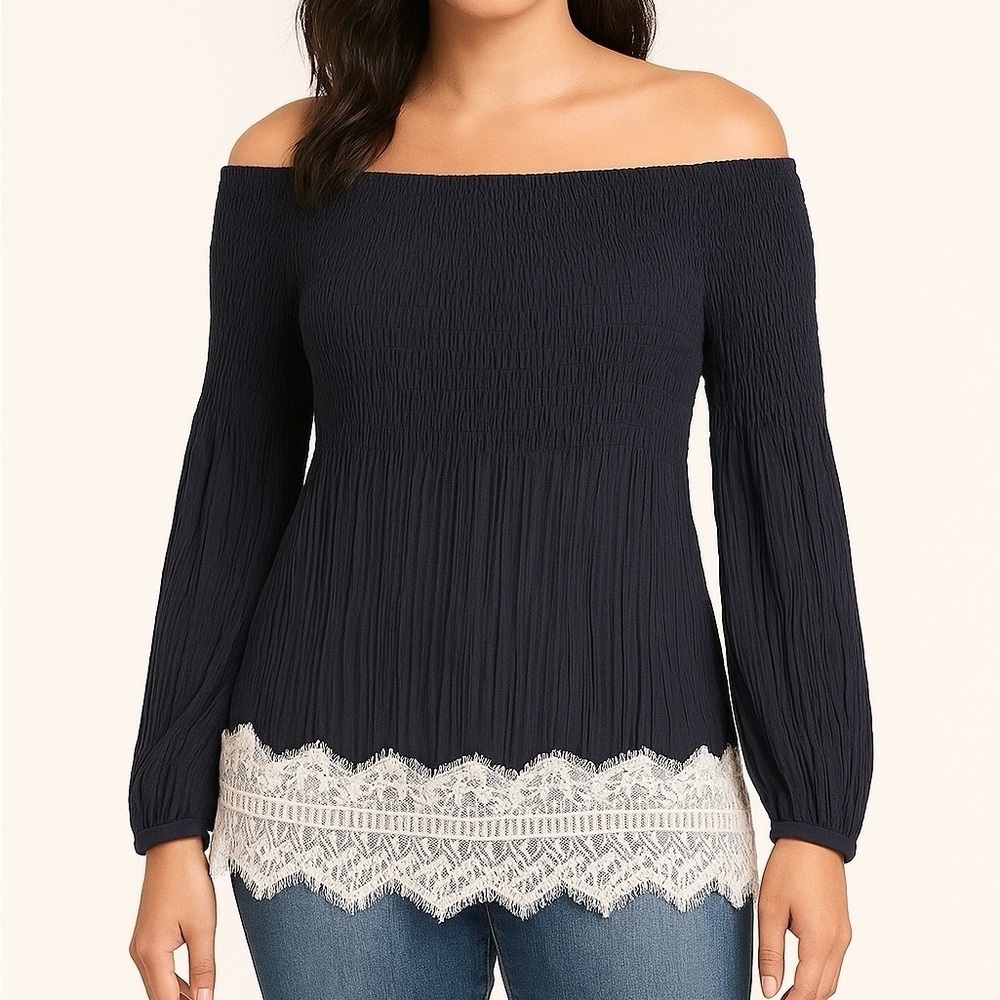 Willow & Clay Off Shoulder Smocked Blouse NWT M Midnight Navy Lace Hem Boho L/S